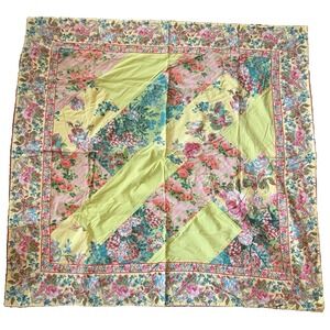 VTG April Cornell Floral Patchwork Square Tablecloth 52" Yellow Green Gingham